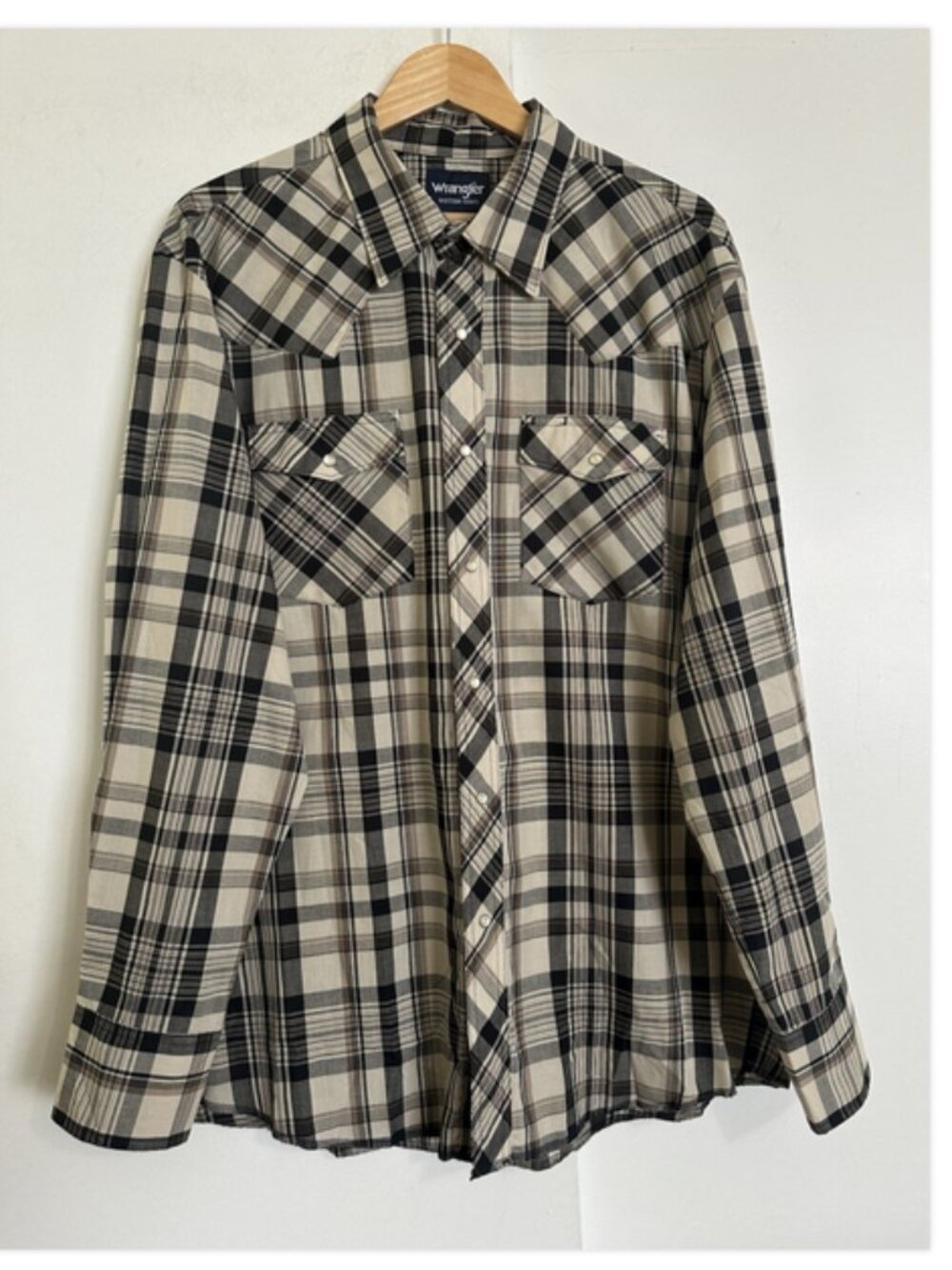 WRANGLER Black Plaid Western Shirt Mens XL Pearl Snap